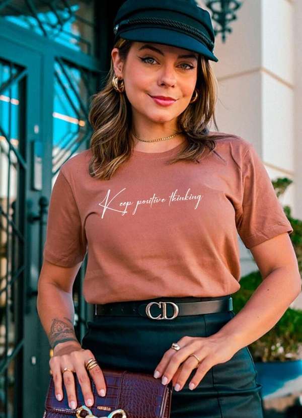 Cianitas - Camiseta Feminina Marrom Claro Keep Positive - Marrom 2