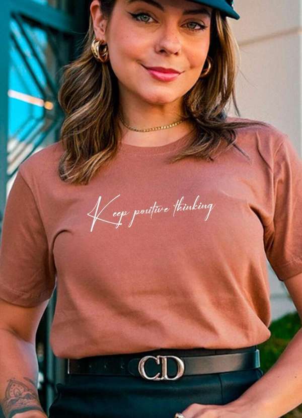 Cianitas - Camiseta Feminina Marrom Claro Keep Positive - Marrom 3