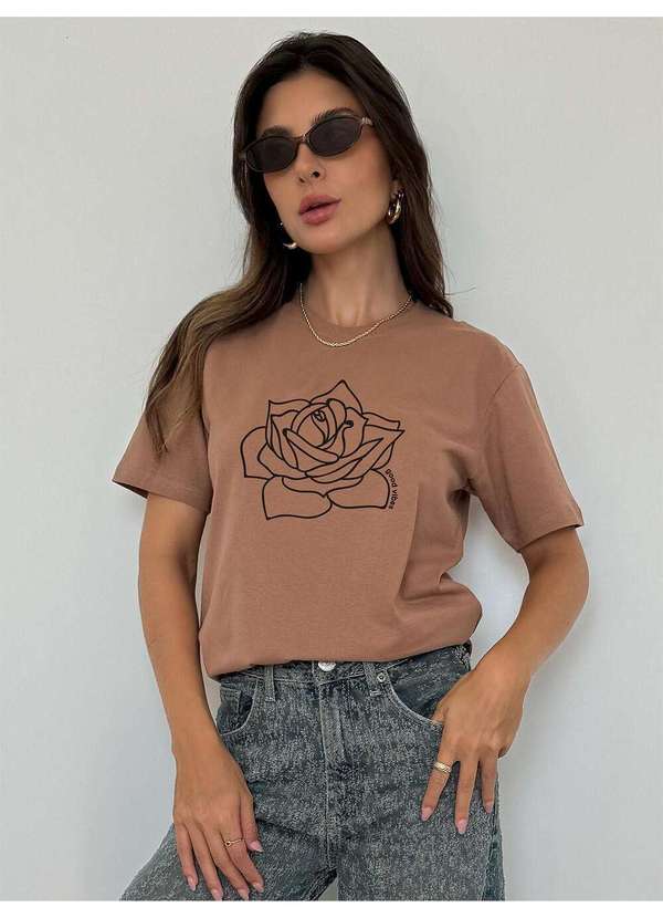 Cianitas - Camiseta Feminina Marrom Claro Rosa Desenhada - Marrom