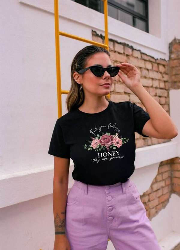 Cianitas - Camiseta Feminina Preta Honey - Preto