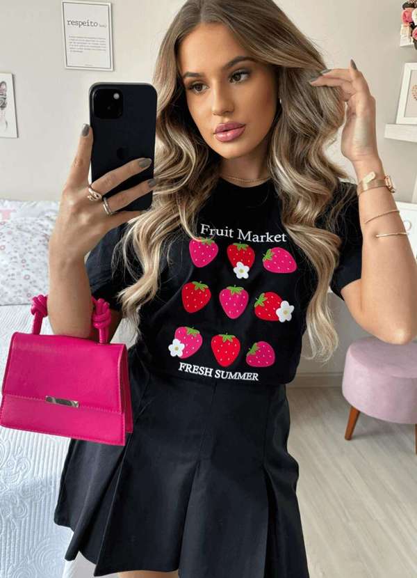 Cianitas - Camiseta Feminina Preta Morango Fruit Market - Preto