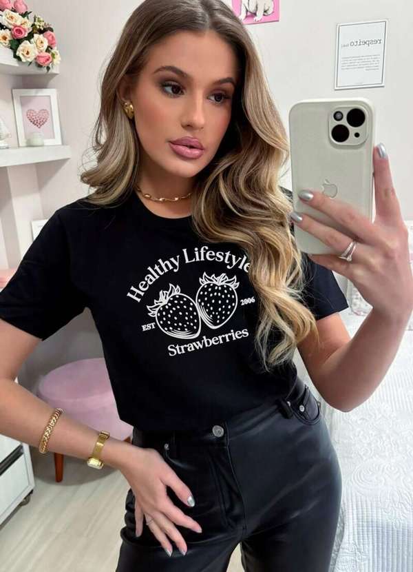 Cianitas - Camiseta Feminina Preta Morango Healthy - Preto
