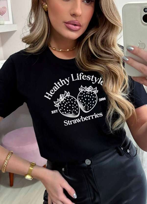Cianitas - Camiseta Feminina Preta Morango Healthy - Preto 2