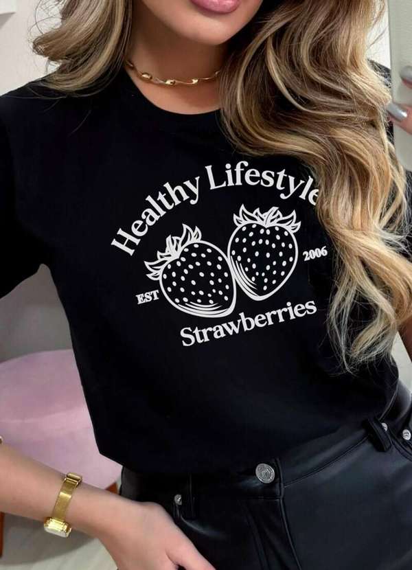 Cianitas - Camiseta Feminina Preta Morango Healthy - Preto 3