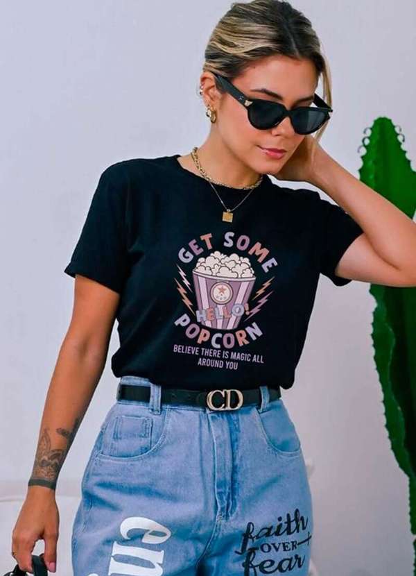 Cianitas - Camiseta Feminina Preta Pipoca - Preto