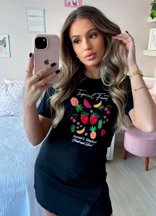 Cianitas - Camiseta Feminina Preta Tropical Fruit - Preto