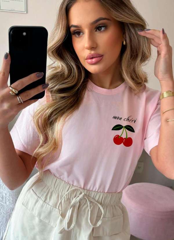 Cianitas - Camiseta Feminina Rosa Bebê Cereja Mon Chéri - Rosa 2