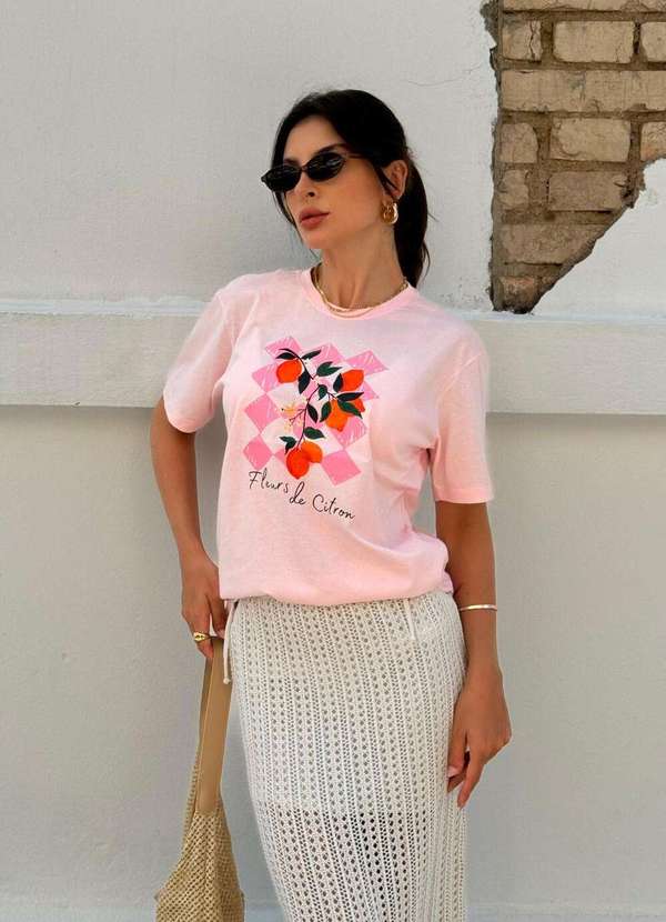Cianitas - Camiseta Feminina Rosa Bebê Fleurs de Citron - Rosa