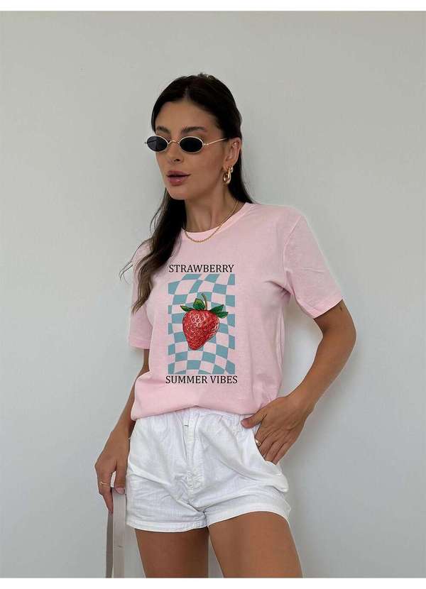 Cianitas - Camiseta Feminina Rosa Bebê Morango Summer Vibes - Rosa