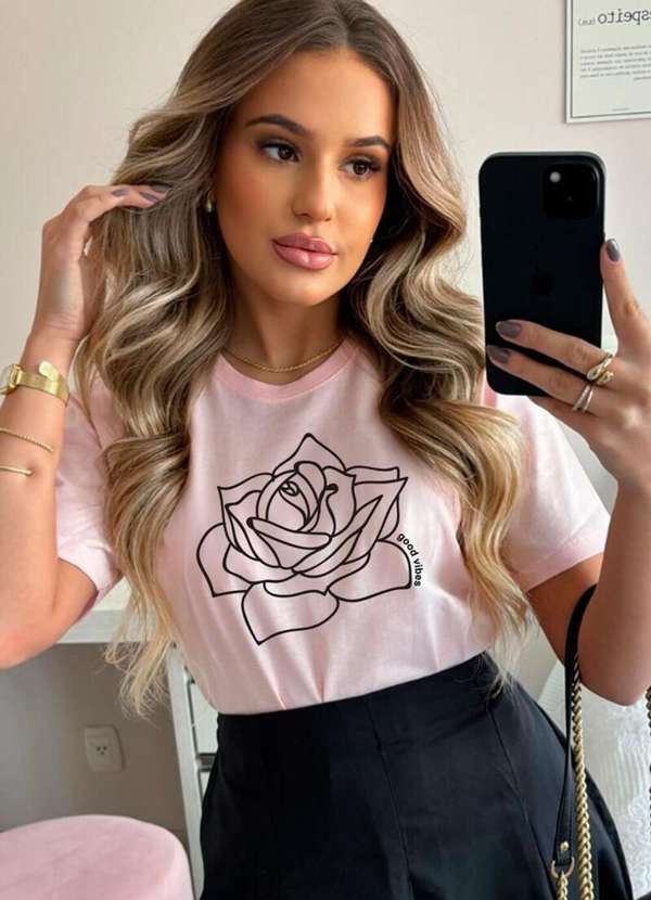 Cianitas - Camiseta Feminina Rosa Bebe Rosa Desenhada - Rosa 2