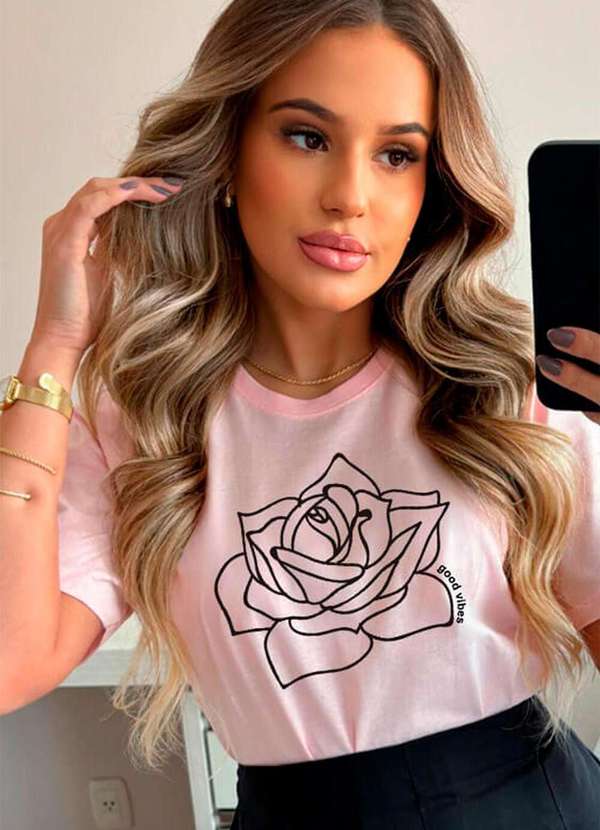 Cianitas - Camiseta Feminina Rosa Bebe Rosa Desenhada - Rosa 4