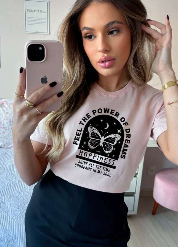 Cianitas - Camiseta Feminina Salmão Borboleta Feel The Power - Rosa