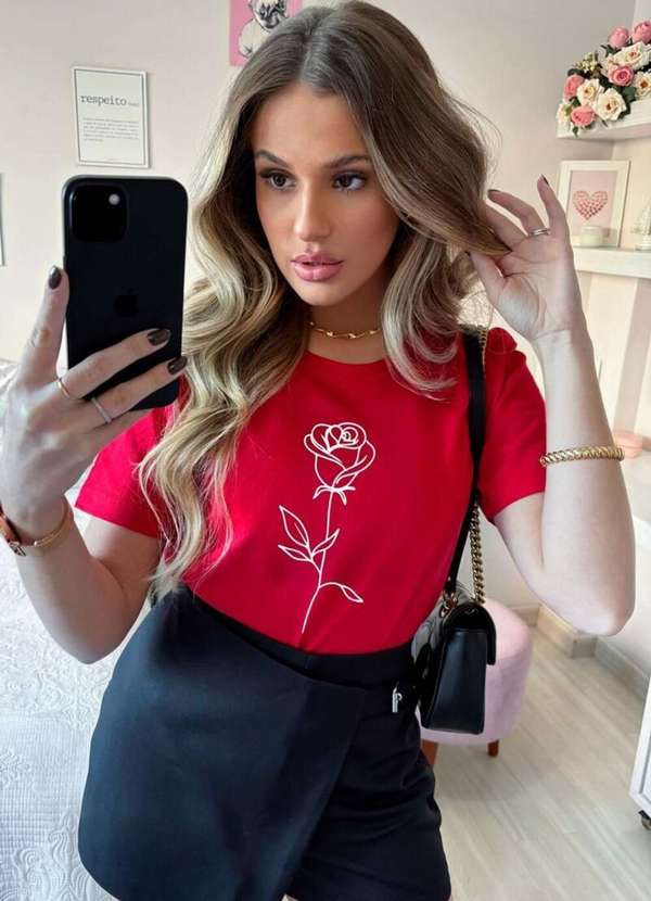 Cianitas - Camiseta Feminina Vermelha Rosa Minimalista - Vermelho