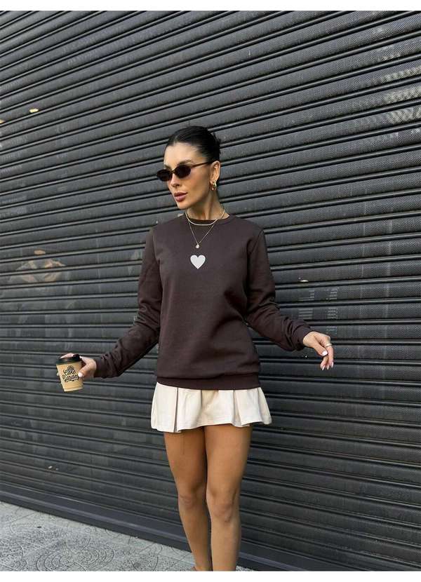 Cianitas - Casaco Moletom Feminino Marrom Escuro Coração - Unica