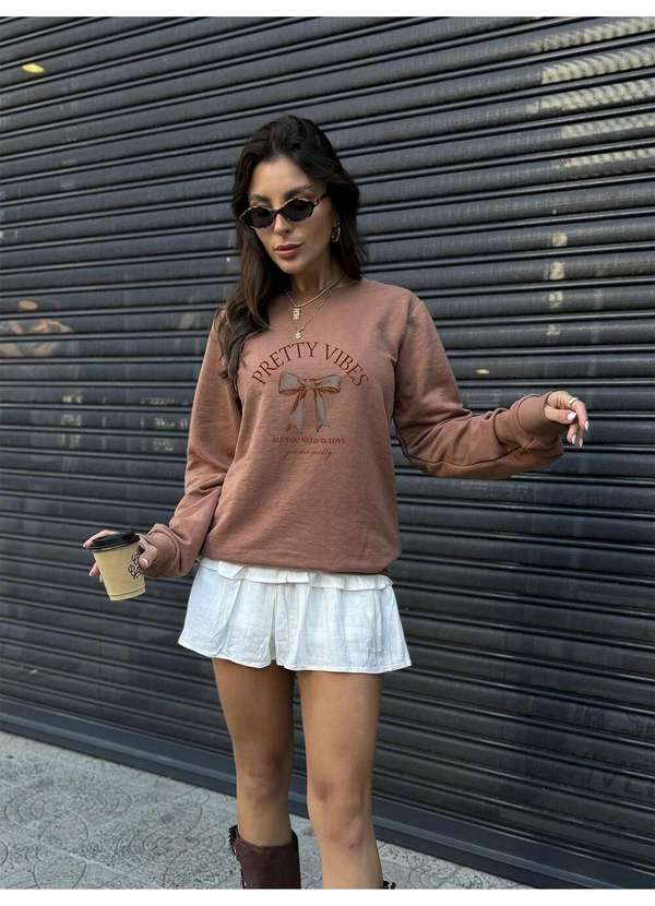 Cianitas - Casaco Moletom Marrom Claro Laço Pretty Vibes - Unica