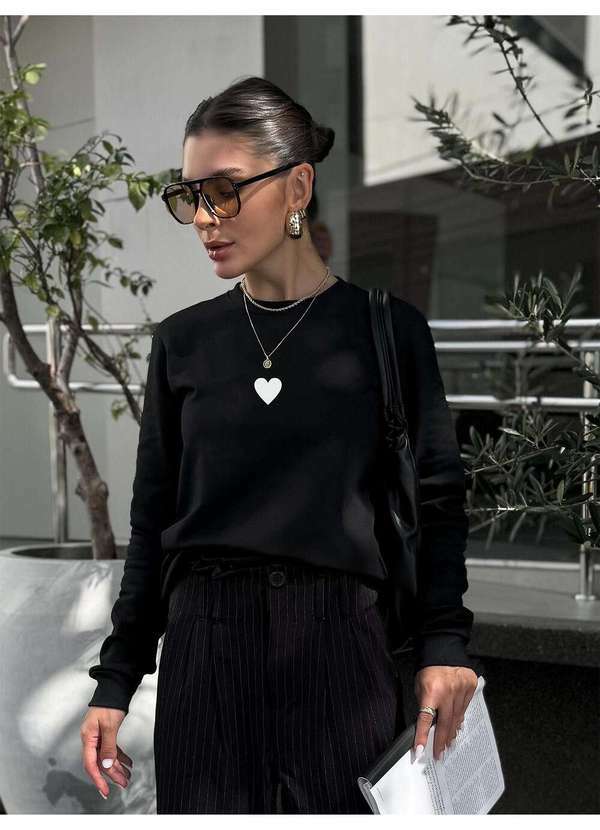 Cianitas - Casaco Peluciado Feminino Preto Coração Branco - Unica