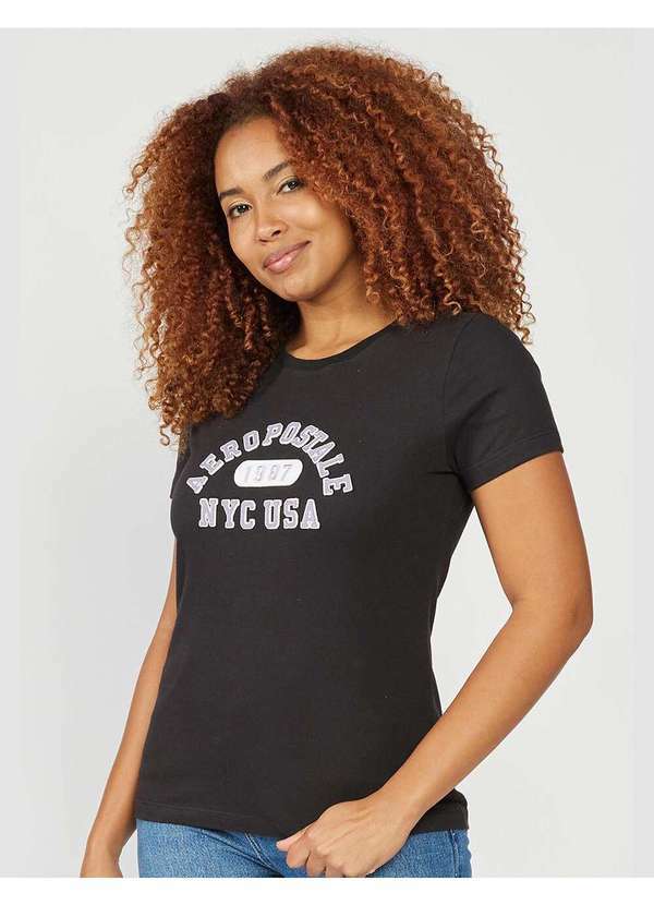 Aeropostale - Camiseta Manga Curta Feminina Bordada Aéropostale - Preto