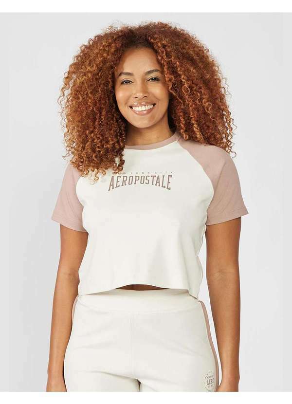 Aeropostale - Camiseta Manga Curta Feminina Suedine Aéropostale - Creme/Rose