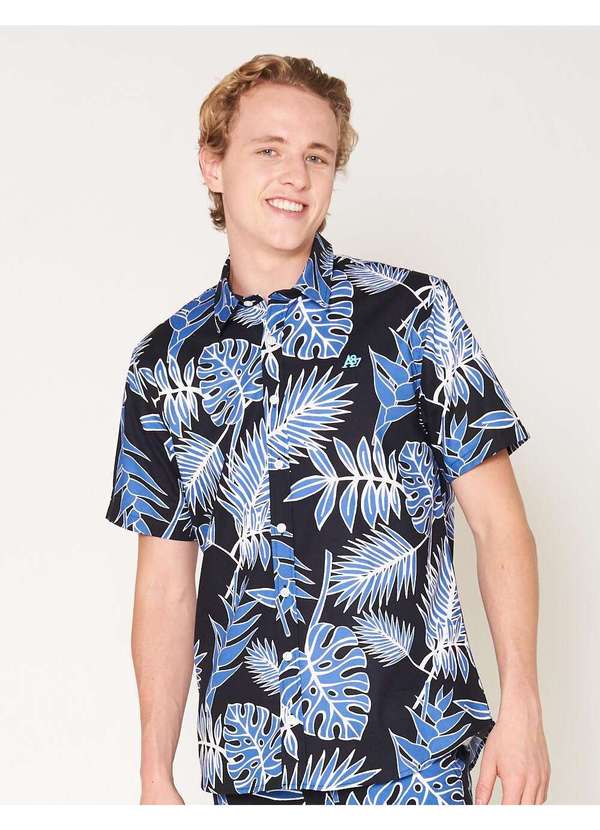 Aeropostale - Camisa M/C Masculino - Floral Preto e Marinho