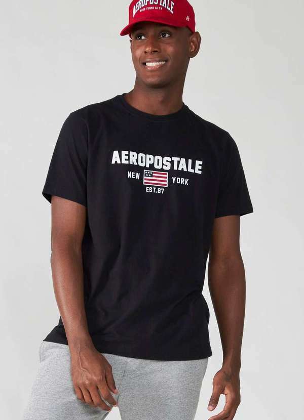 Aeropostale - Camiseta Manga Curta Masculina Bordada Aéropostale - Preto