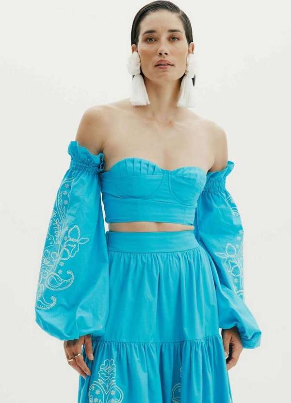 Amarante do Brasil - Blusa Cropped Manga Bufante Azul