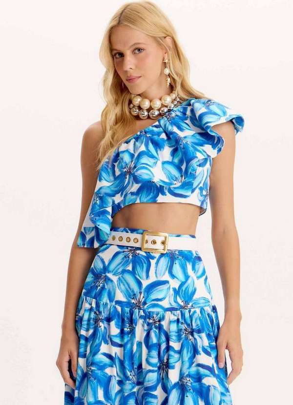 Amarante do Brasil - Blusa Cropped Ombro Único de Babado Estampado Azul
