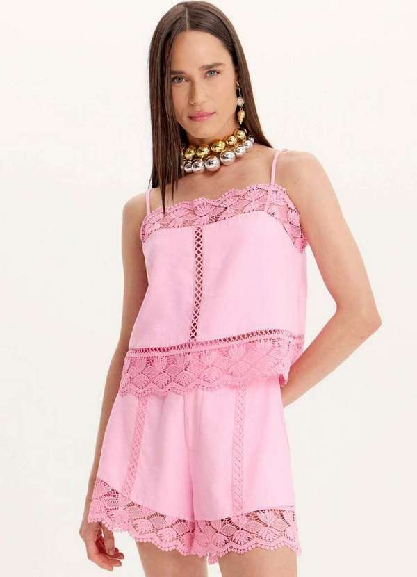 Amarante do Brasil - Blusa Curta de Alças com Rendas Rosa