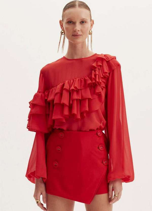 Amarante do Brasil - Blusa Manga Longa com Babados Vermelho