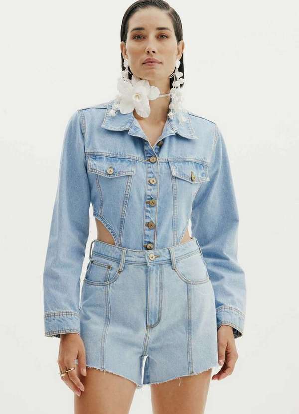 Amarante do Brasil - Body Jeans Manga Longa Amarante Azul