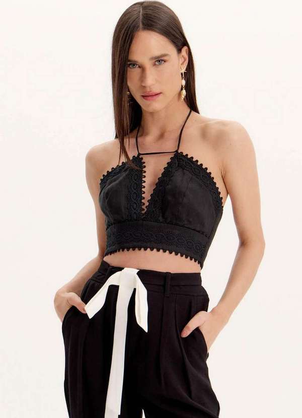 Amarante do Brasil - Top Cropped com Amarração Linho Preto 1