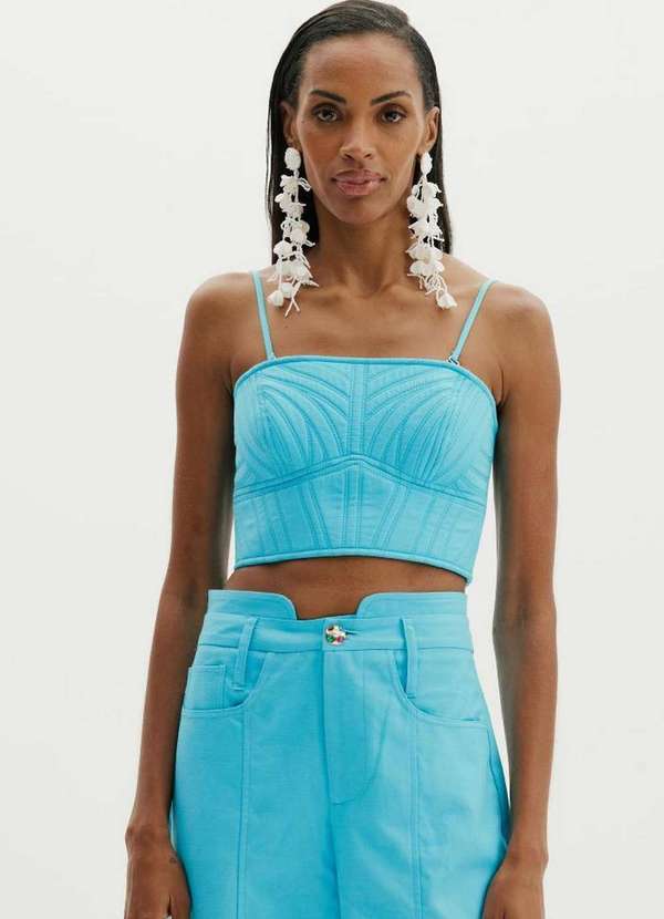 Amarante do Brasil - Top Cropped com Bordado Azul