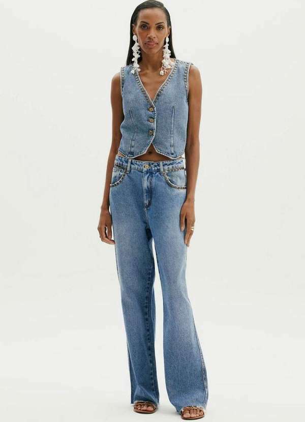Amarante do Brasil - Calça Jeans Wide Leg Detalhes Azul