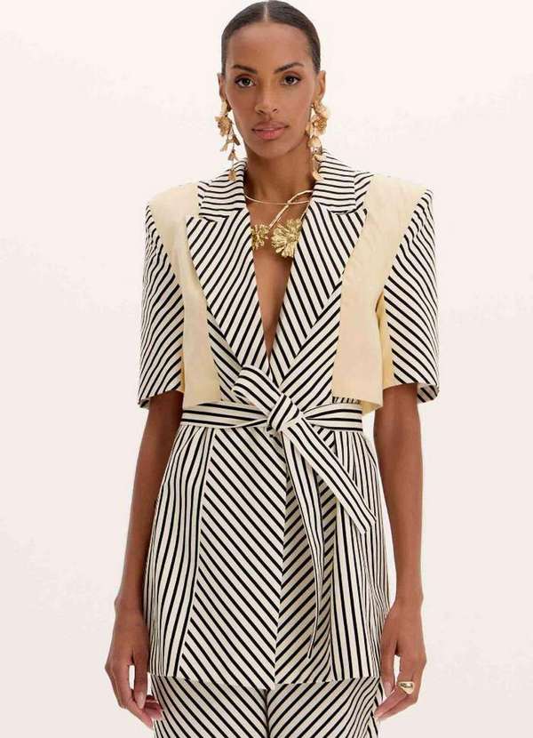 Amarante do Brasil - Blazer Alongado Listrado Faixa Preto