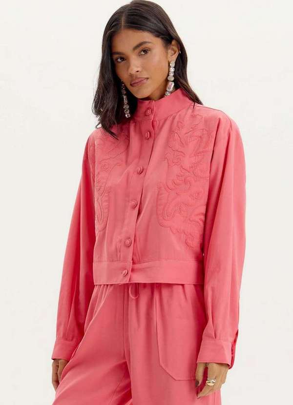 Amarante do Brasil - Jaqueta Bomber Curta Bordado Rosa