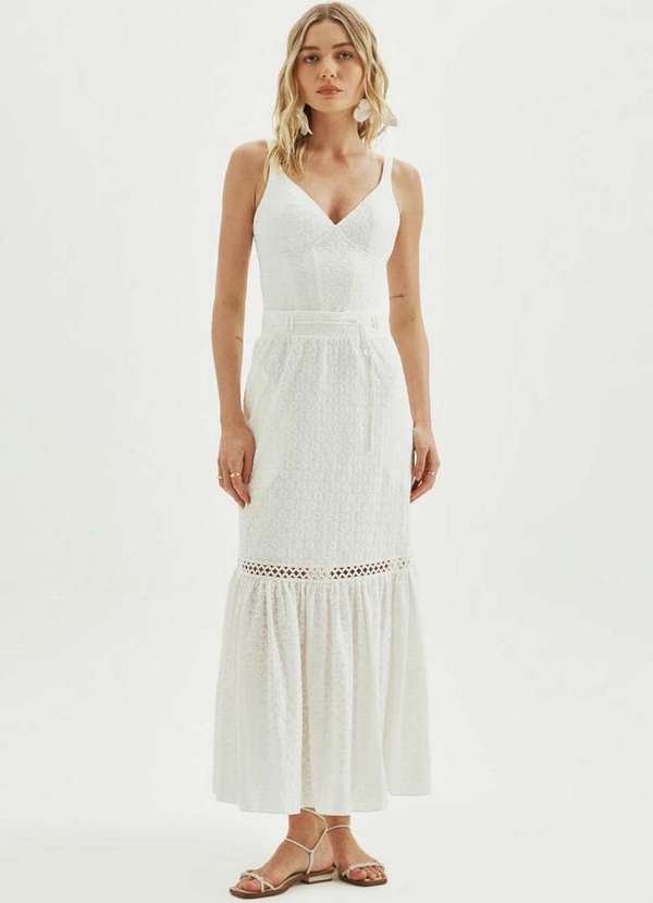 Amarante do Brasil - Saia Evasê Longa com Babado Branco