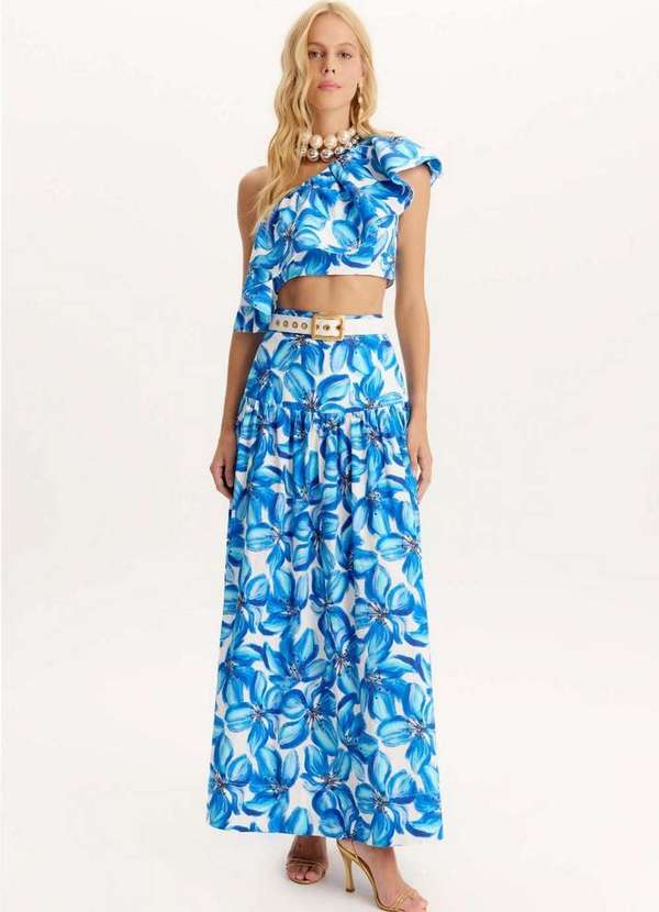 Amarante do Brasil - Saia Midi Cintura Alta Estampada com Cinto Azul