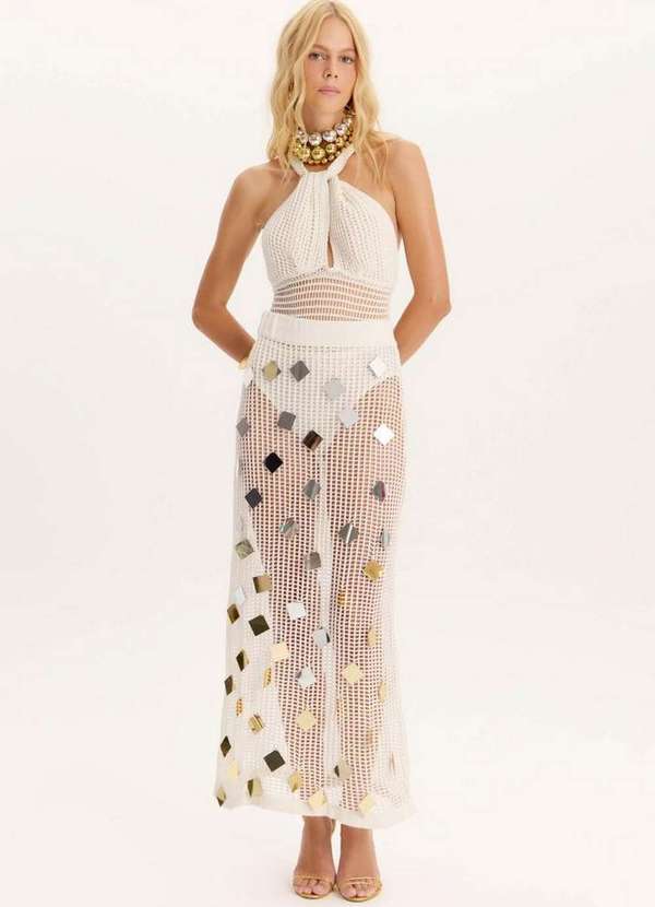 Amarante do Brasil - Saia Midi com Aplicações Tricô Branco