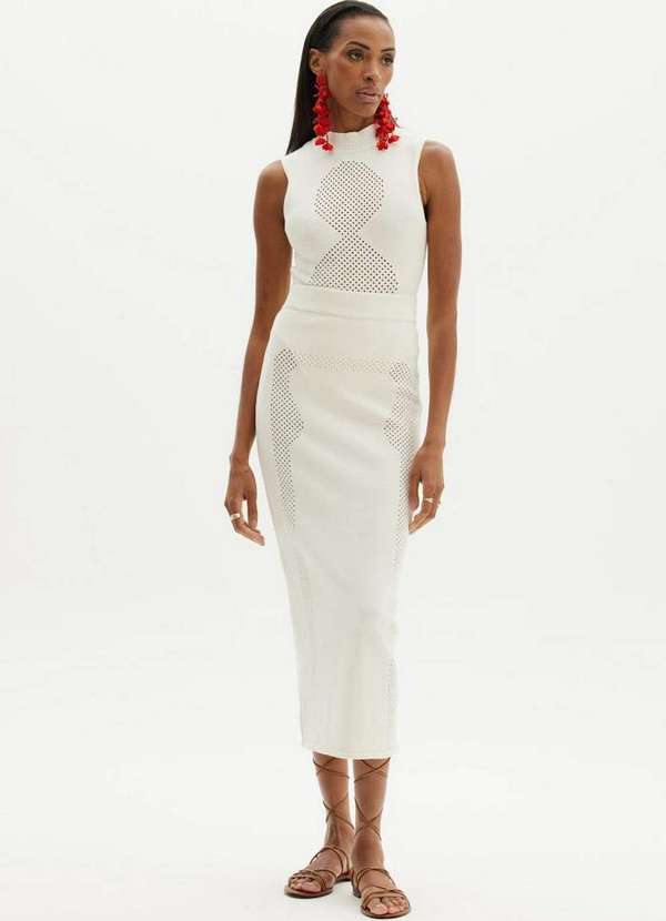 Amarante do Brasil - Saia Tricot Reta com Vazados Branco