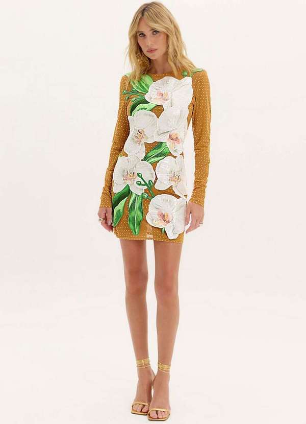 Amarante do Brasil - Vestido Curto com Aplicações Marrom