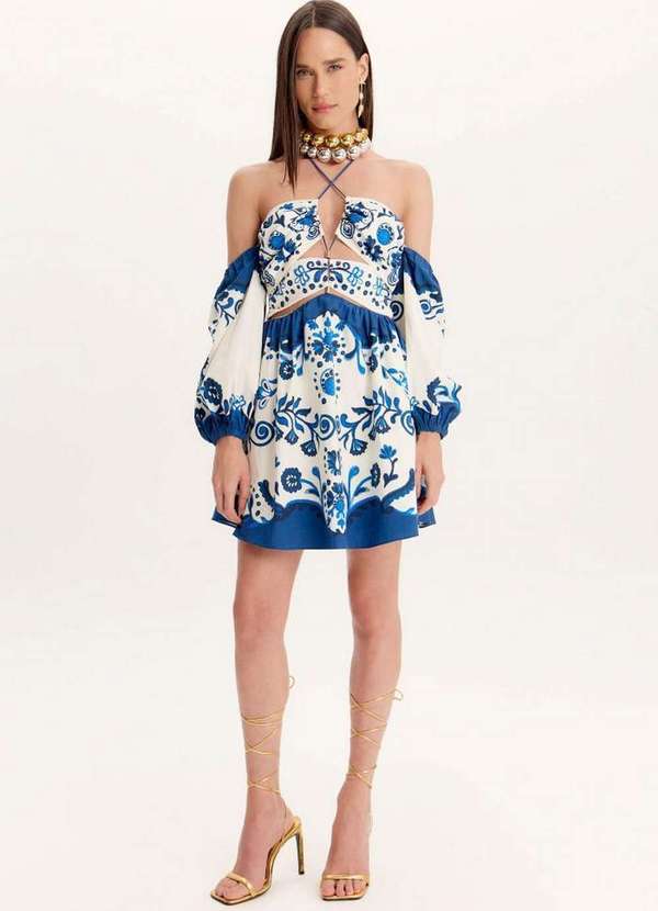 Amarante do Brasil - Vestido Curto Manga Removível Estampado Azul