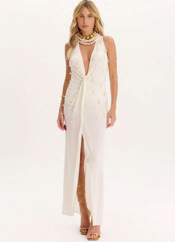 Amarante do Brasil - Vestido Longo com Torção e Aplicações Amarante Branco