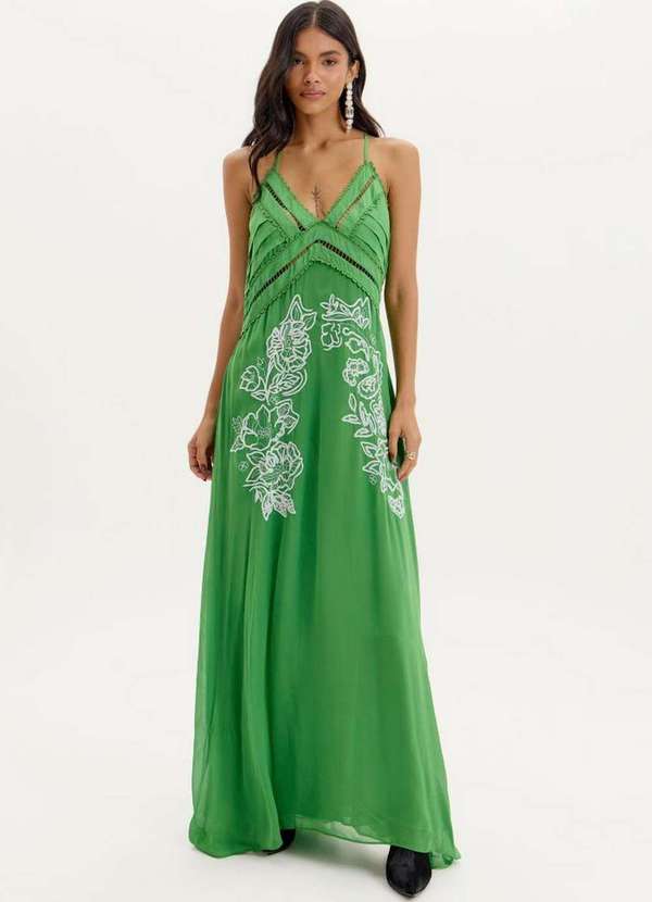 Amarante do Brasil - Vestido Longo de Alça Bordado Verde