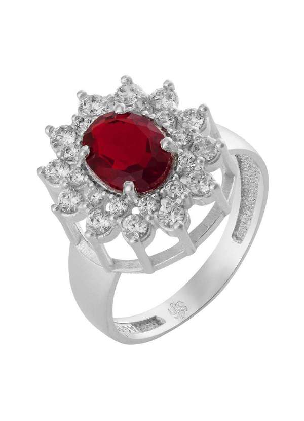 Convex - Anel de Prata Coleção Queens Cristal Rubi 6x8 e Zircônias B Prata