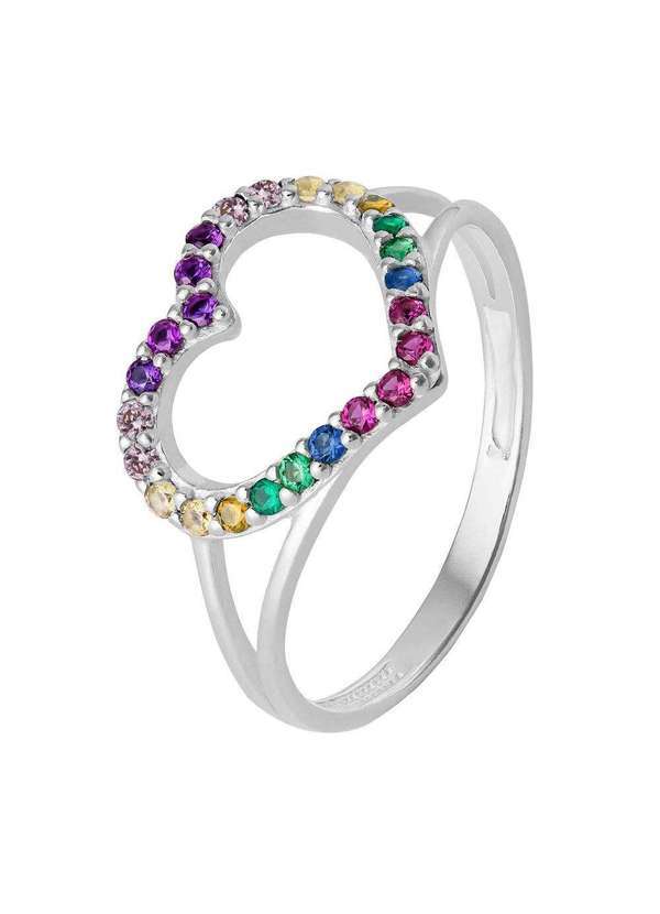 Convex - Anel de Prata Coração Rainbow Link com Zircônias Colors Prata