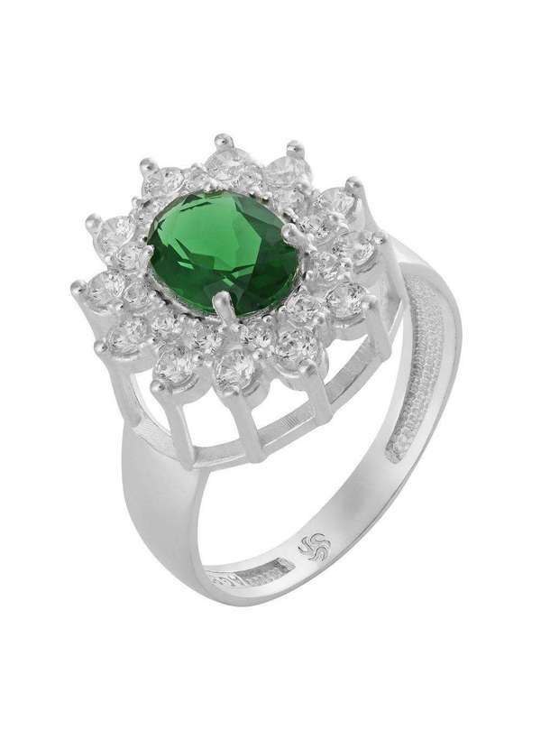 Convex - Anel de Prata Cristal Safira Esmeralda 6x8 e Zircônias Brancas Prata
