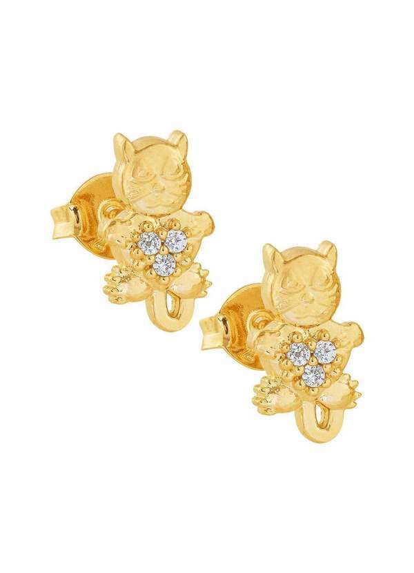 Convex - Brinco Prata c/ Ouro 18k Gato com Zircônia Branca 11x6mm Dourado