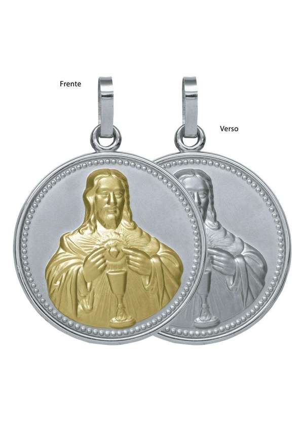 Convex - Pingente Aço Sagrado Coração de Jesus Redondo 50mm com Ouro Prata 3