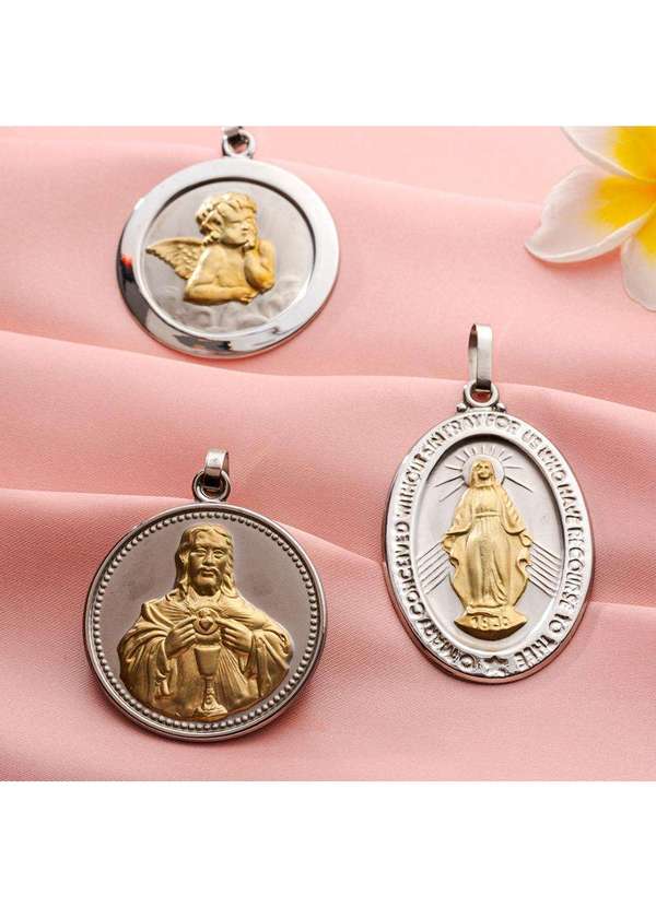 Convex - Pingente Aço Sagrado Coração de Jesus Redondo 50mm com Ouro Prata 4