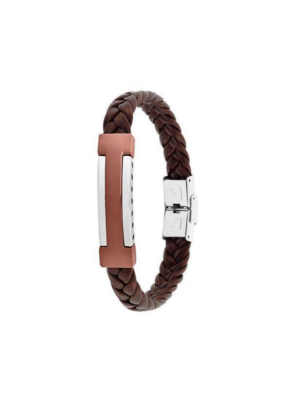 Convex - Pulseira Aço Chapa Abaulada Brown Couro Trançado 12mm Prata