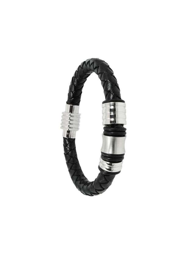 Convex - Pulseira Aço Couro Larga com Caucciù 12mm 20cm Prata